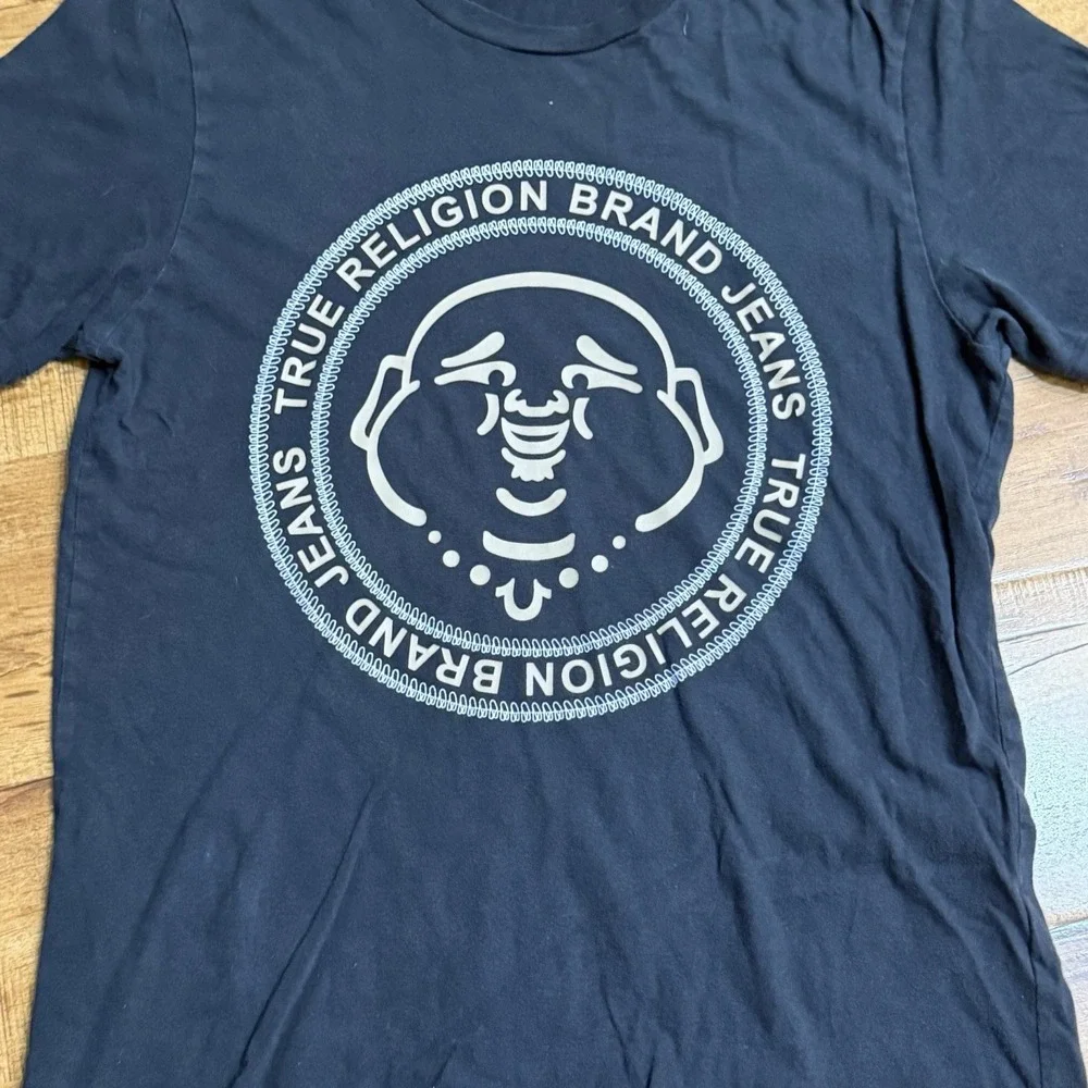 True Religion T-Shirt Mens Medium Black Buddha Head Graphic Short Sleeve